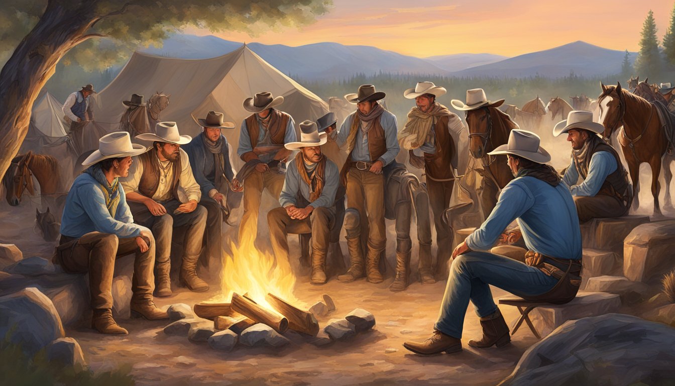 A group of cowboys gather around a campfire, surrounded by tents and horses, as they plan a western-themed charity rally