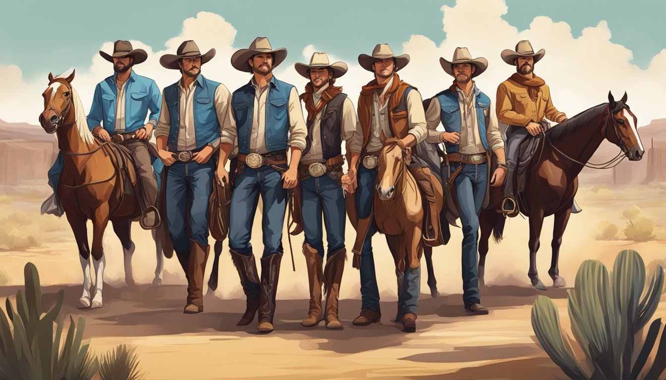 A group of modern cowboys gather at a western-themed rally, showcasing their premier fashion and lifestyle in Texas