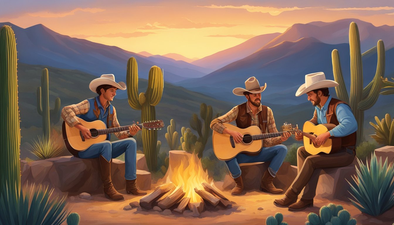 A group of Texas cowboys gather around a campfire, surrounded by rolling hills and cacti. A lone guitar player strums a tune as they prepare for a western themed party