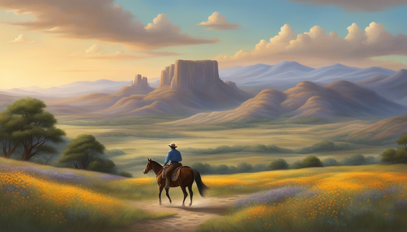 A lone cowboy rides through the rugged Texas landscape, surrounded by rolling hills and wildflowers, as the spirit of horseback riding comes alive