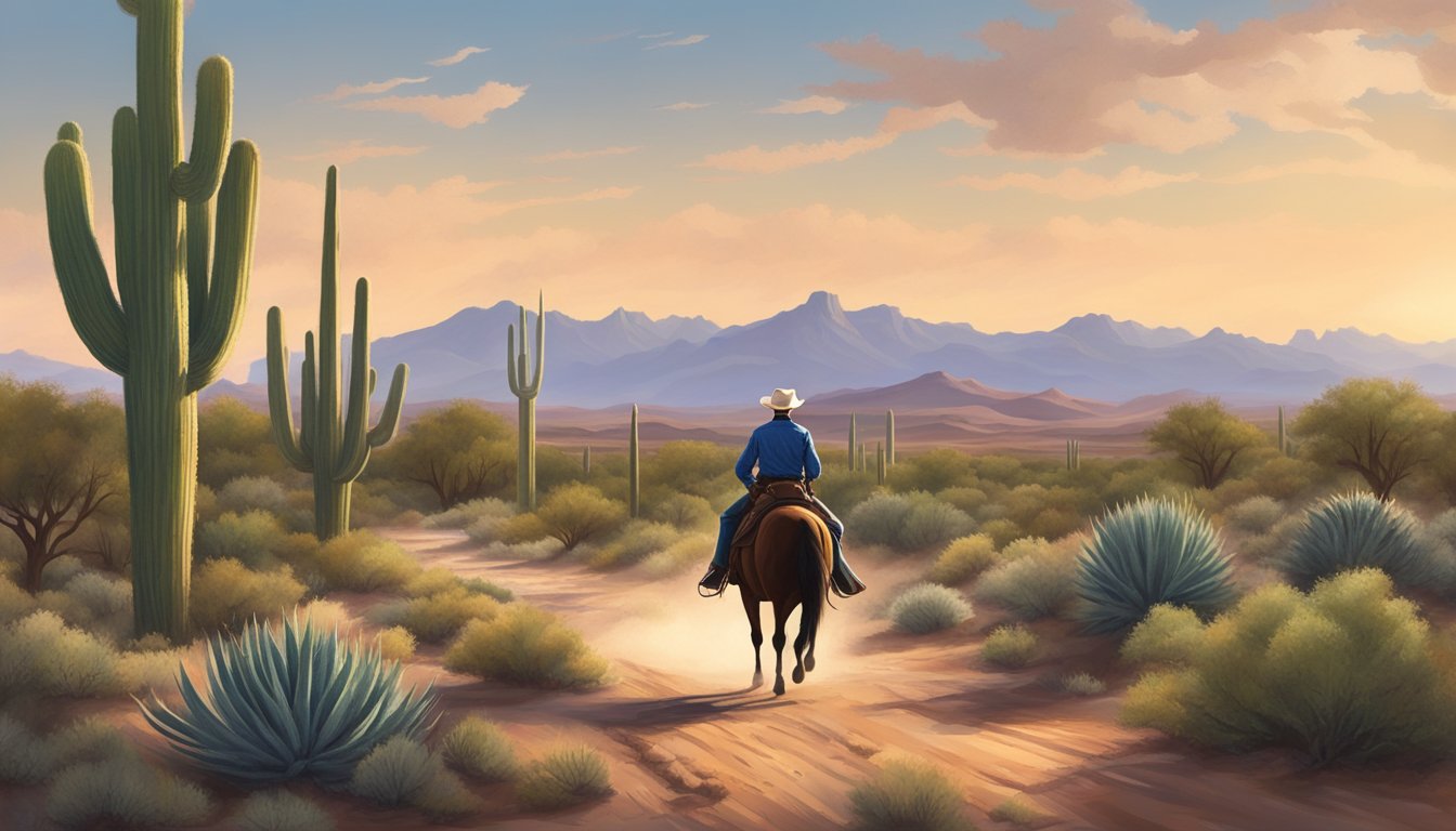 A lone cowboy rides through a vast, rugged Texas landscape, following a winding trail surrounded by towering cacti and mesquite trees