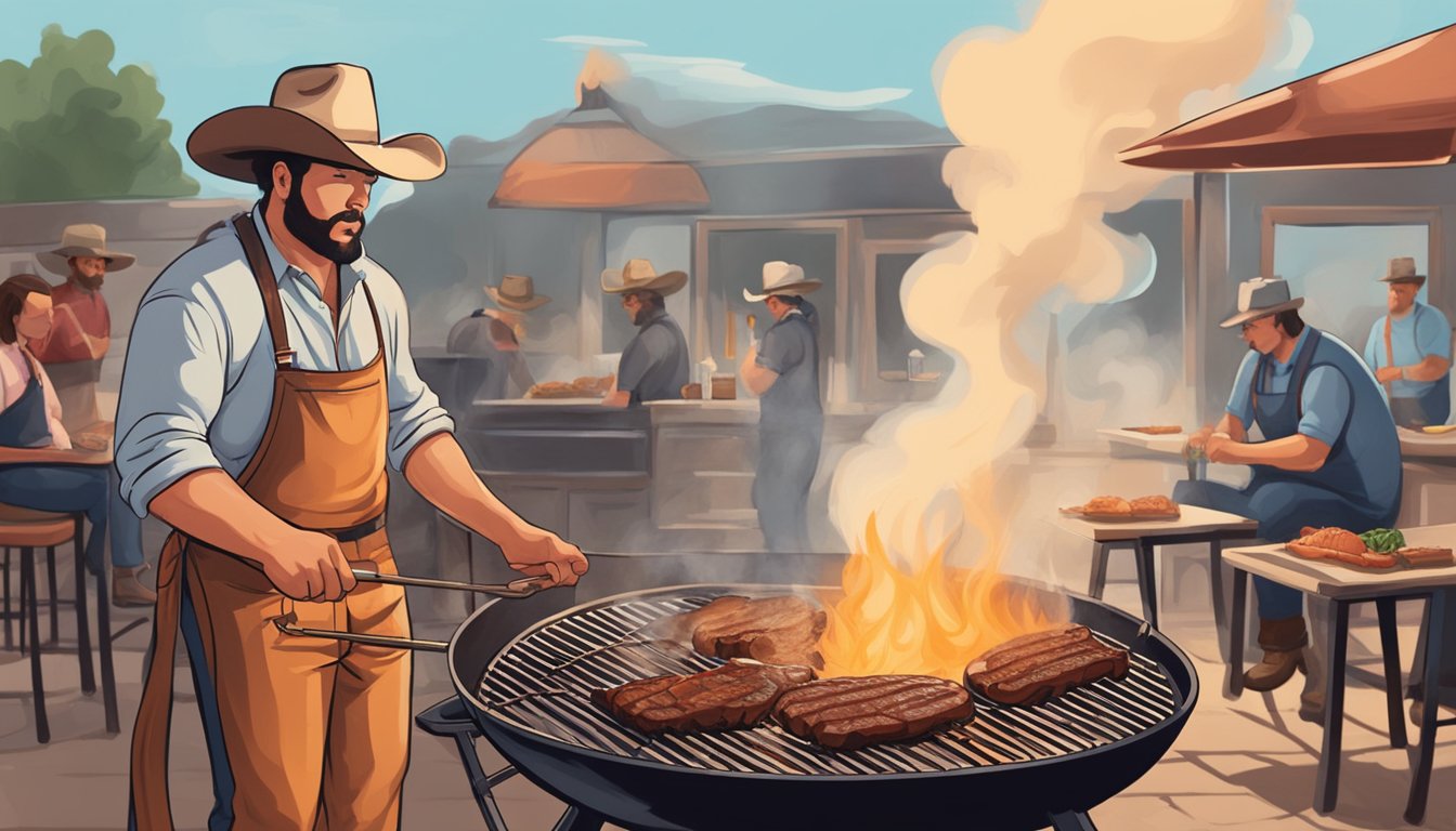 A lone cowboy grills meat over open flames at a Texas BBQ joint. Smoke billows from the fire as the meat sizzles on the grill