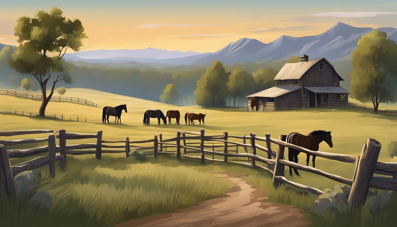 A rustic ranch scene with horses grazing in the foreground, a winding trail leading into the distance, and a cowboy hat resting on a fence post