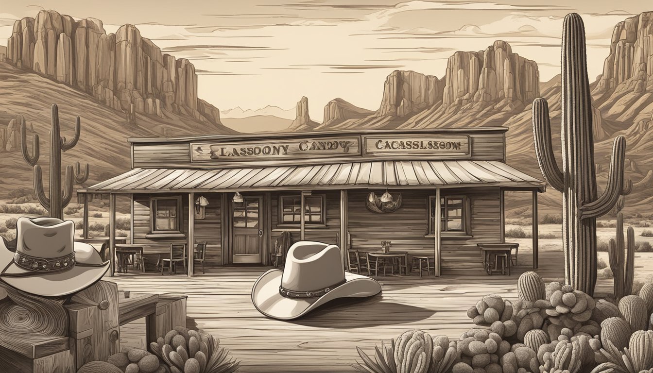 A table adorned with cowboy hats, boots, lassos, and horseshoes. A backdrop of a western landscape with a saloon and cacti