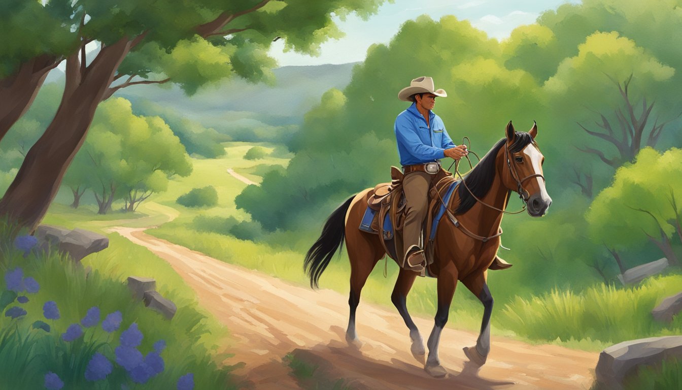 A cowboy rides through a scenic trail in a Texas park, surrounded by rolling hills and lush greenery