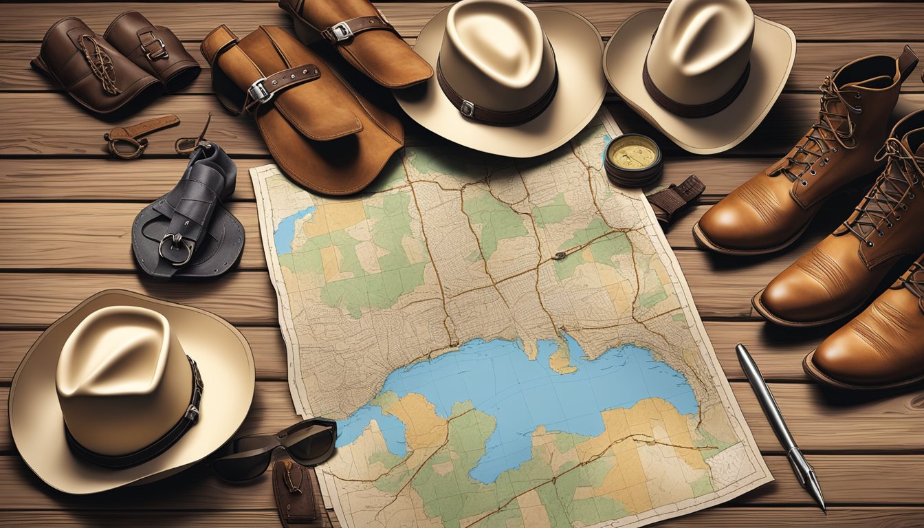 A cowboy's riding gear and accessories laid out on a wooden table, with a map of Texas trails in the background