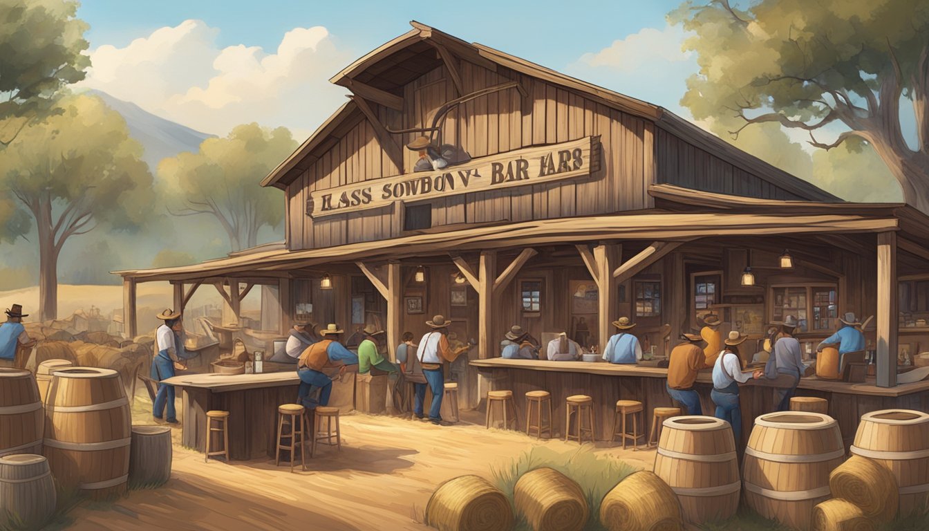 A rustic barn adorned with cowboy hats, lassos, and bales of hay. A saloon-style bar serves drinks, while a country band plays on a stage