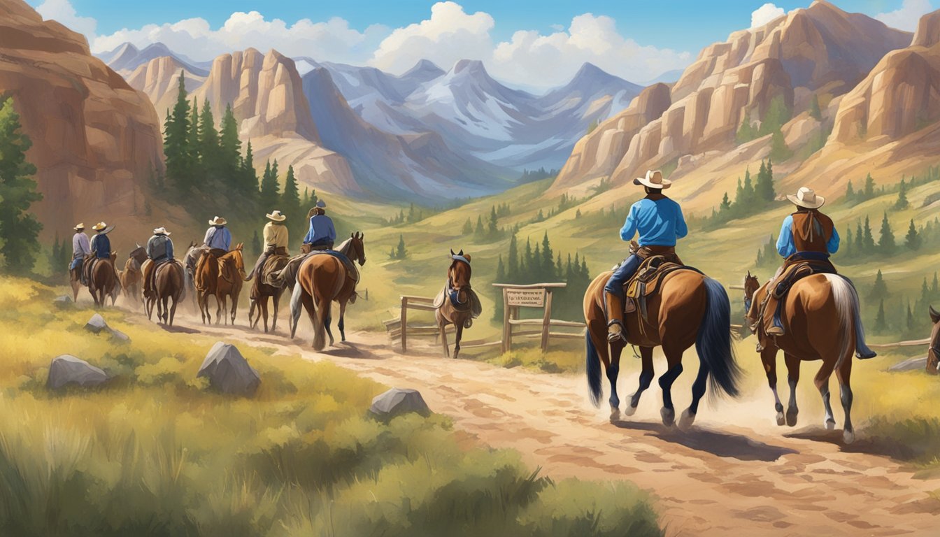 A group of cowboys and horses navigating through scenic trails, with educational signs and markers along the way