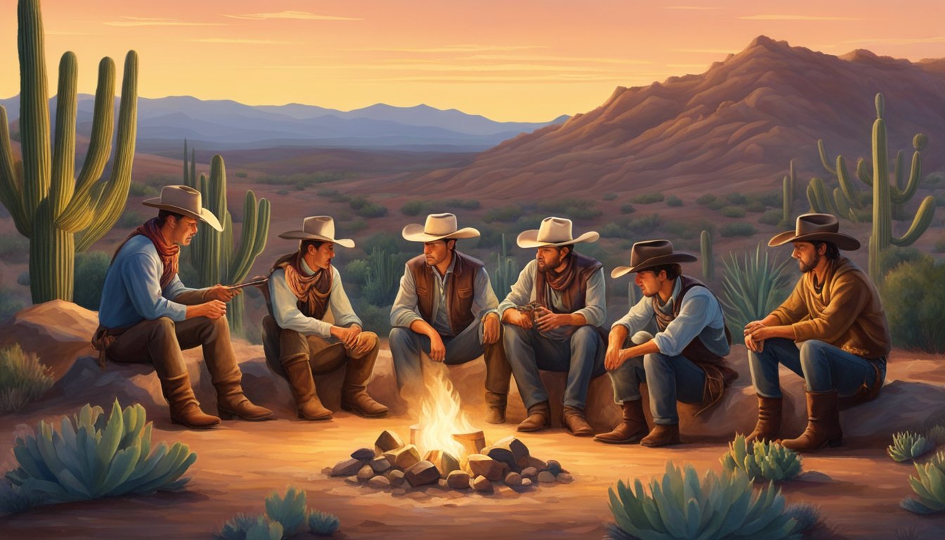 A group of cowboys gather around a campfire, surrounded by rolling hills and cacti. A festive atmosphere is evident, with cowboy hats, boots, and lassos adding to the western theme