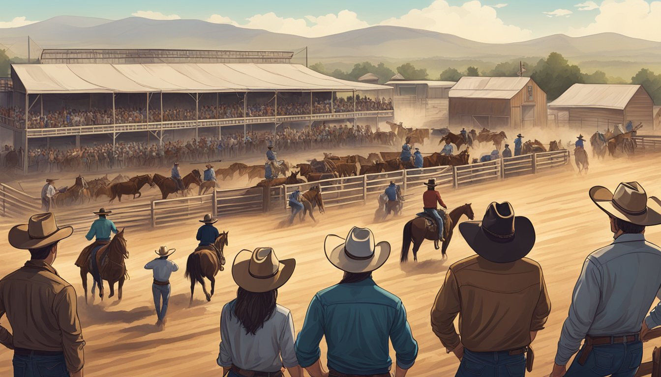 A group of cowboys and cowgirls gather at a rodeo event, with horses and trails in the background