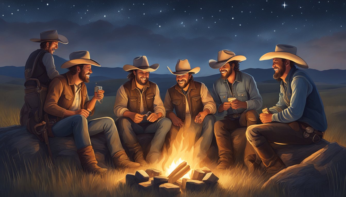 A group of Texas cowboys gathered around a campfire, surrounded by rolling hills and a starry night sky. They are laughing and sharing stories, while their horses graze nearby