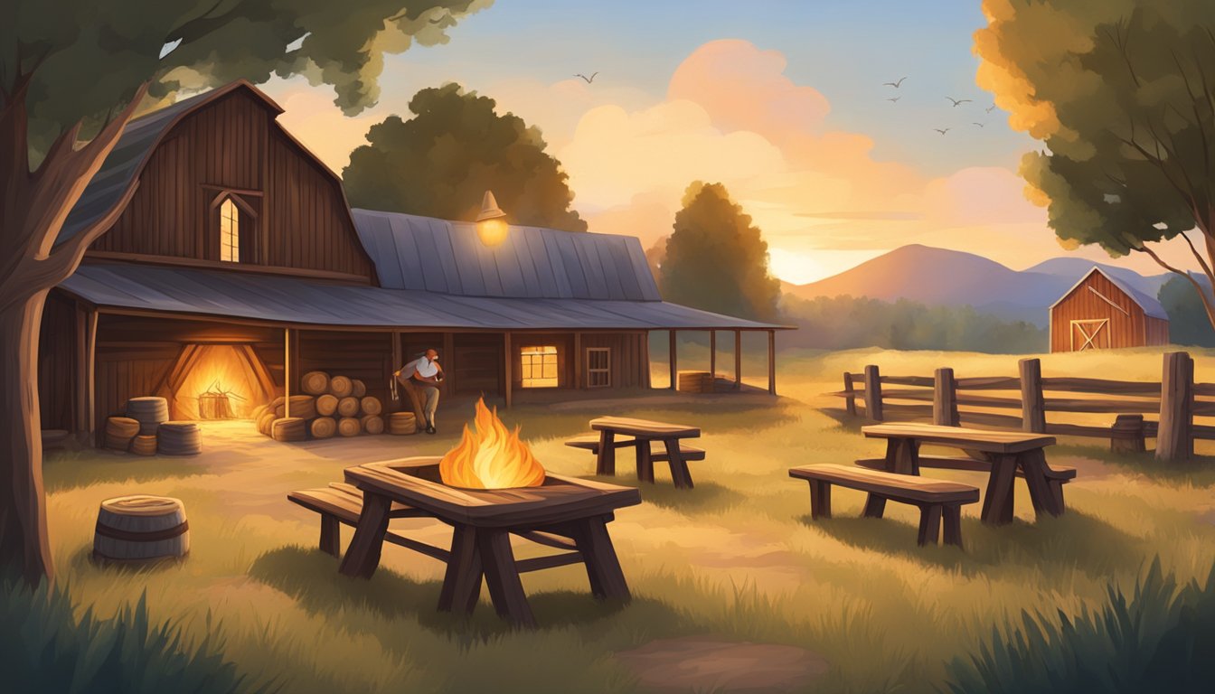 A rustic barn setting with hay bales, cowboy hats, and horseshoes adorning the walls. A campfire burns in the center, surrounded by wooden benches