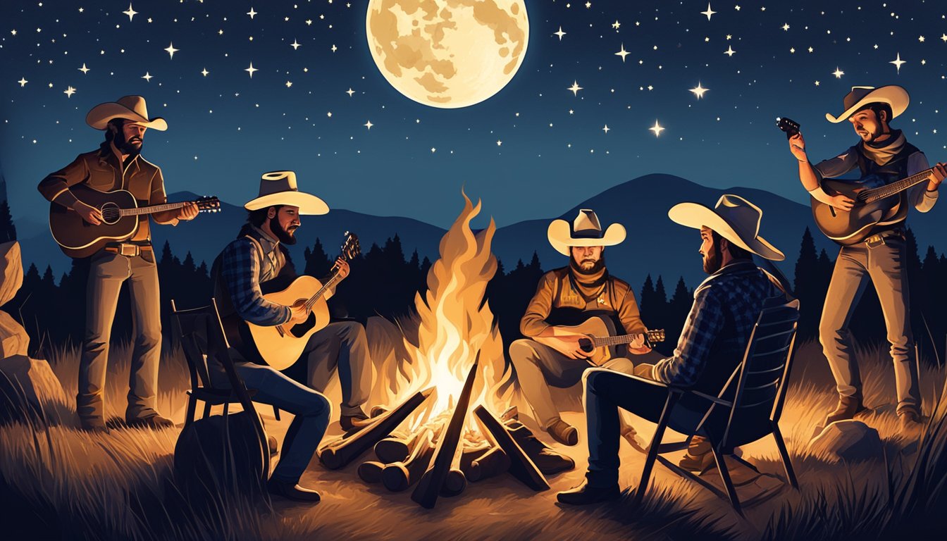 A group of Texas cowboys gathered around a campfire, singing and playing guitars under the starry night sky