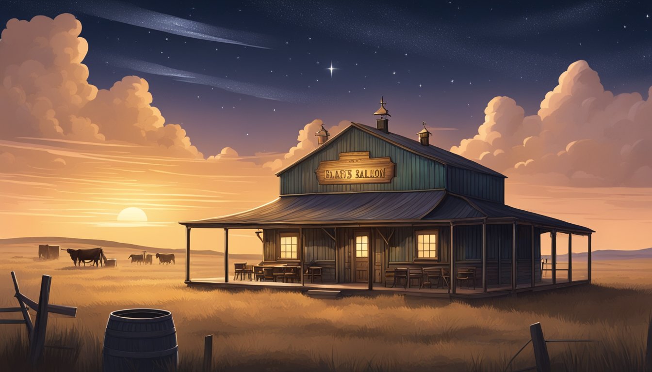 A dusty saloon with swinging doors, a wide-open prairie with grazing cattle, and a campfire under the starry Texas sky