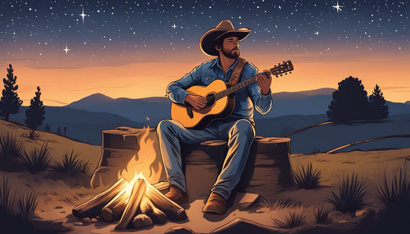 A lone cowboy sits by a campfire under the starry Texas sky, strumming a guitar and singing a heartfelt country ballad