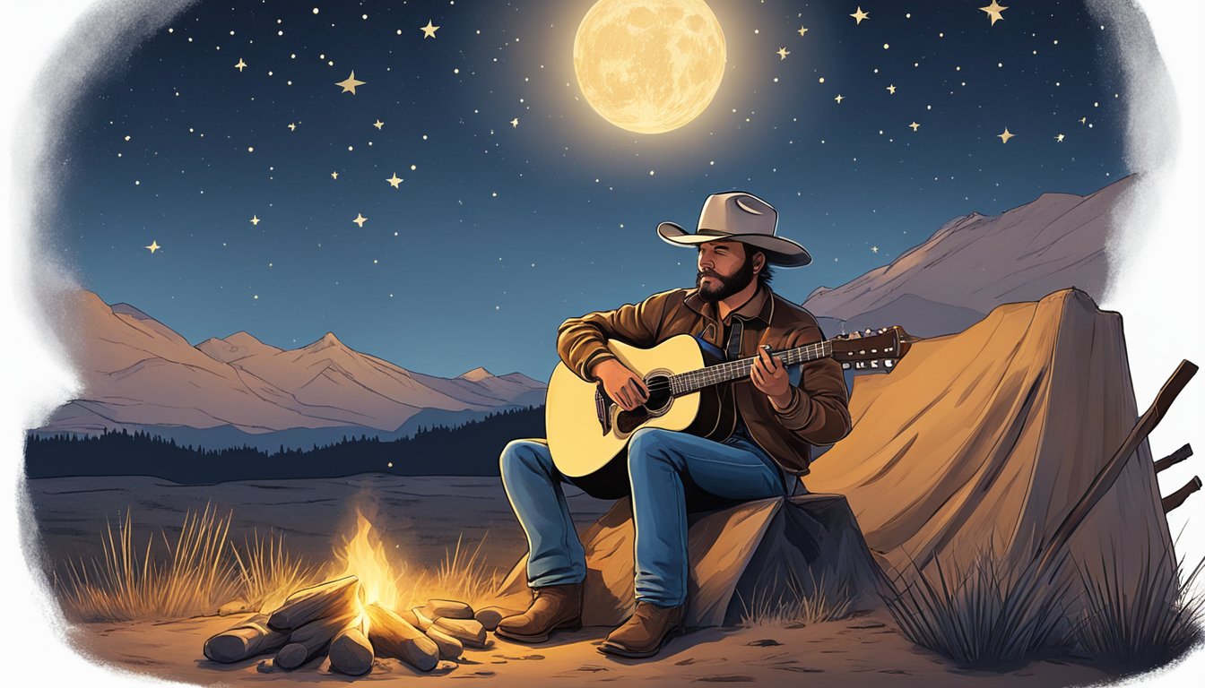 A lone cowboy sits by a campfire under the starry Texas sky, strumming a guitar and singing a country ballad