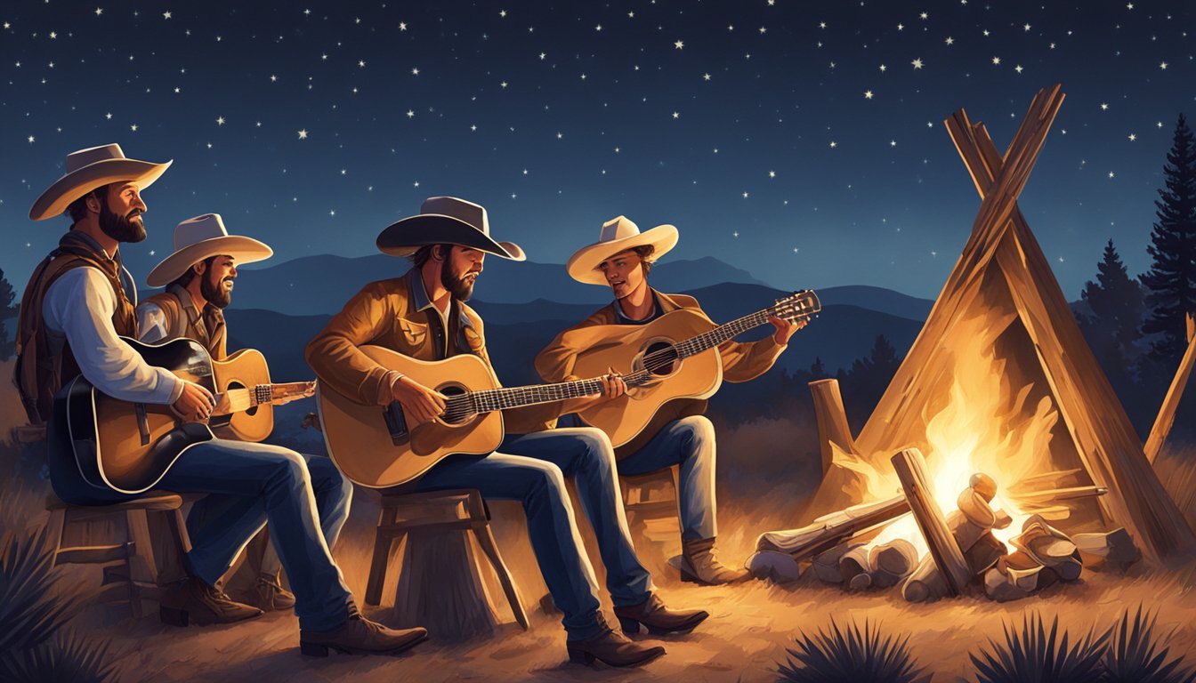 A group of cowboys gather around a bonfire, playing guitar and singing under the starry Texas sky