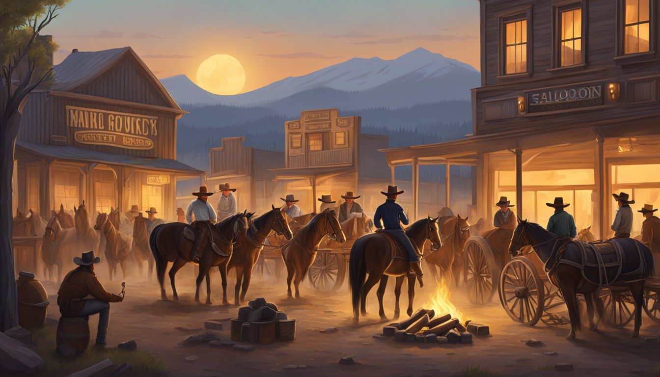 A group of cowboys gather around a campfire, surrounded by horses and old-fashioned wagons. A western town in the background, with saloon and storefronts