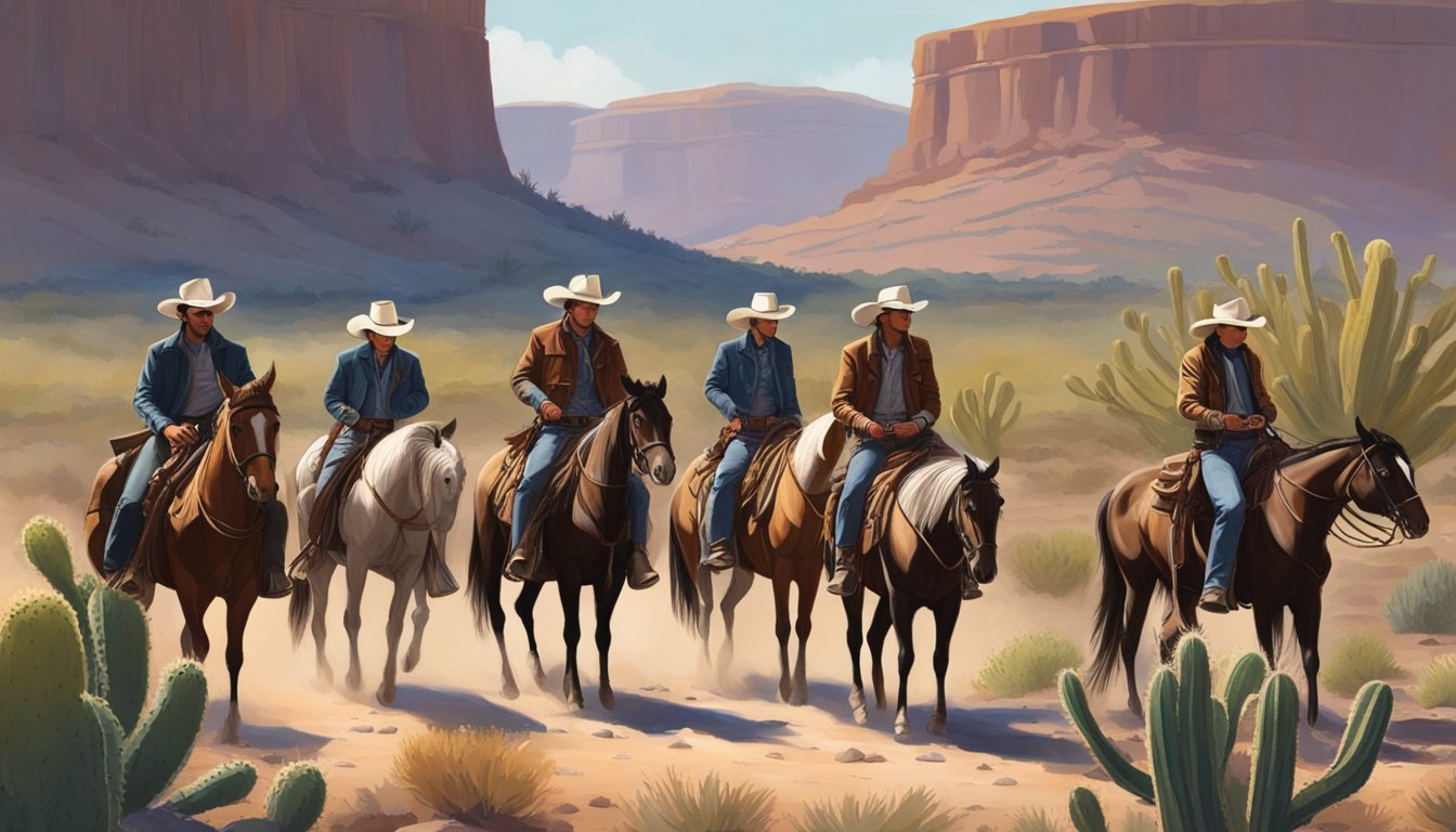 A group of Texas cowboys riding on horseback, wearing wide-brimmed hats, leather boots, and fringed jackets. The landscape is rugged and dusty, with cacti and mesas in the background