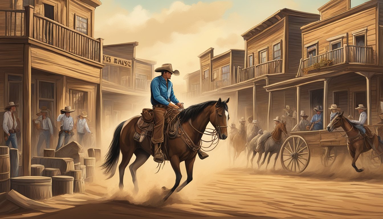 A lone cowboy rides through a dusty western town, surrounded by saloons and rodeo arenas. A large banner advertises the "Best Western Themed Celebrations" event