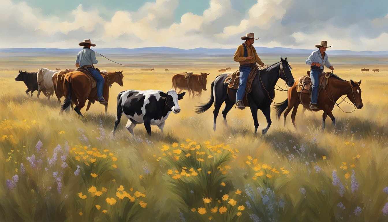 A group of Texas Cowboys herding cattle across a vast and open prairie, surrounded by native grasses and wildflowers