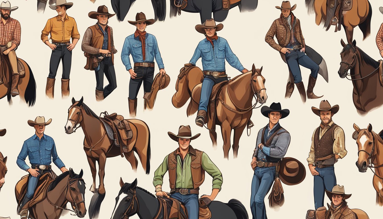 A group of Texas cowboys in modern attire, showcasing their influence on western fashion with bold patterns, cowboy boots, and stylish hats