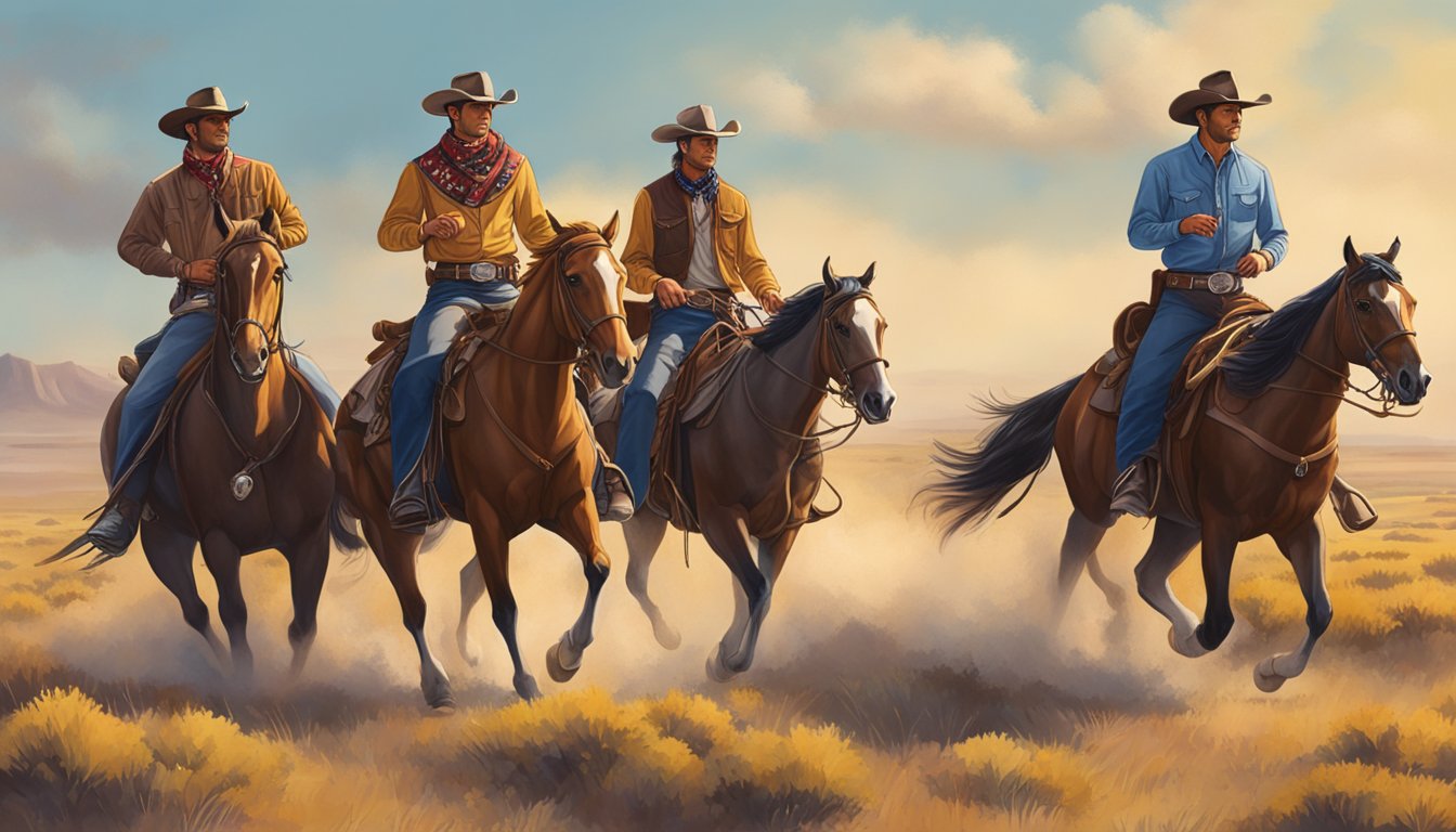 A group of Texas cowboys riding horses through the open plains, wearing iconic western attire with cowboy hats, boots, and bandanas