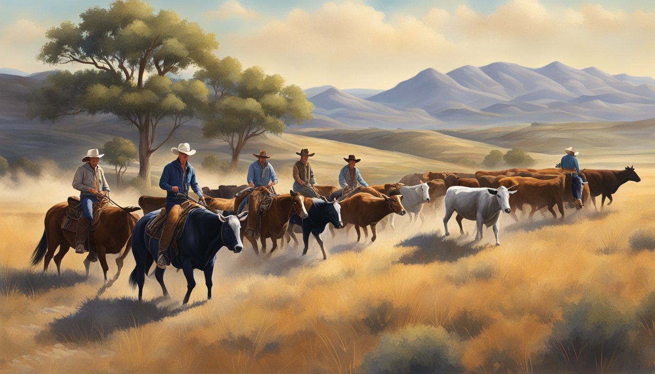 A group of Texas cowboys herding cattle through a vast, open landscape, with rolling hills and rugged terrain, showcasing their role in conservation