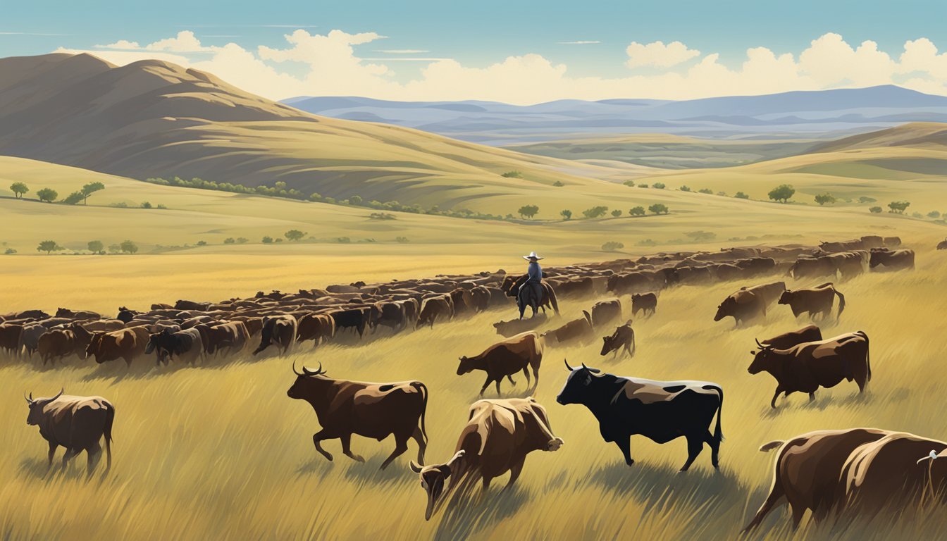 A lone cowboy herding cattle across a vast, open prairie, with rolling hills and a clear blue sky in the background