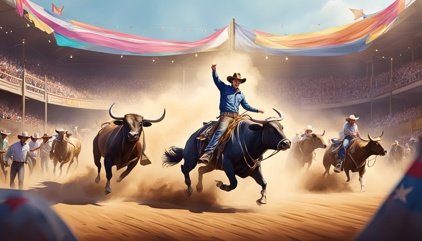 Cowboys riding bulls in a dusty arena, surrounded by cheering spectators and colorful banners