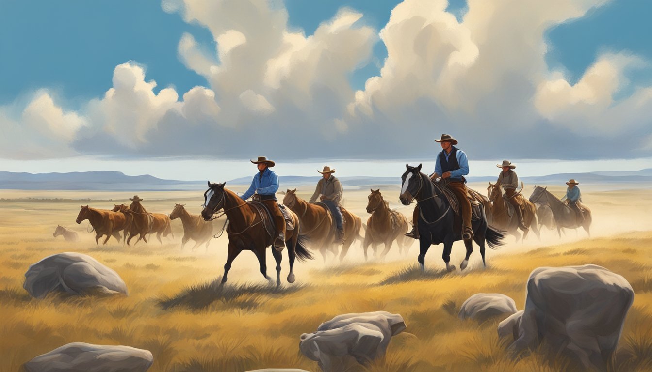 A group of cowboys on horseback herding cattle across a vast Texas prairie, with a backdrop of rolling hills and a bright blue sky