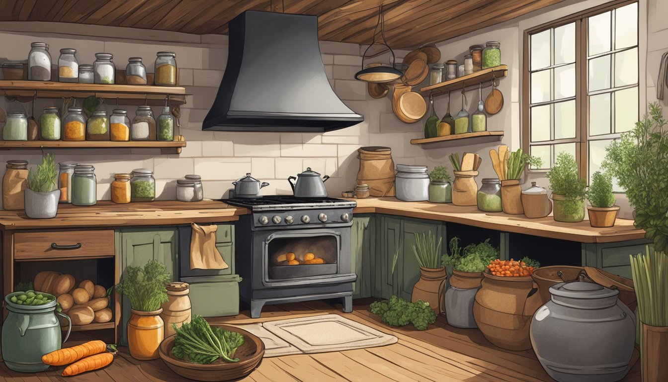 A rustic kitchen with a cast-iron skillet on a wood-burning stove, surrounded by jars of pickled vegetables, sacks of flour, and a hanging bunch of dried herbs