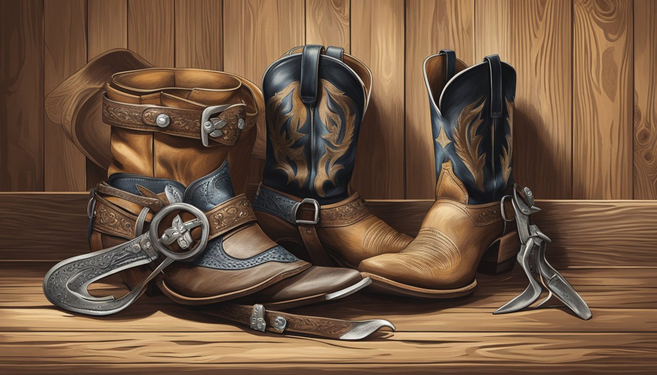 A pair of spurs resting on a weathered wooden floor, surrounded by worn leather chaps and a cowboy hat