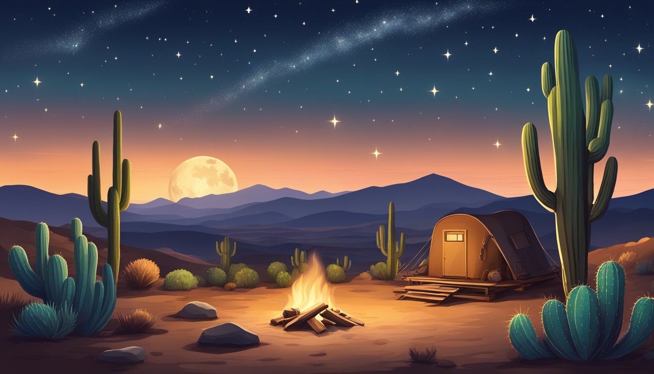 A picturesque western landscape with rolling hills, cacti, and a rustic cowboy campfire under a starry night sky