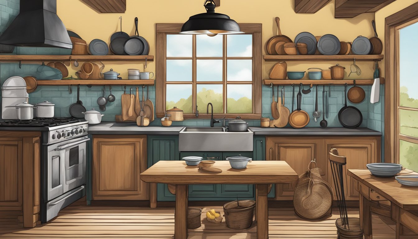 A rustic kitchen with a cast iron stove, pots and pans hanging from hooks, and a cowboy hat resting on the counter