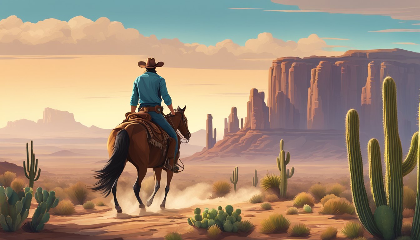 A cowboy riding through a rugged desert landscape with cacti, mesas, and a big open sky