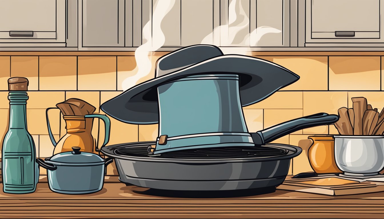 A cowboy hat and boots sit next to a cast iron skillet cooking over an open flame. A modern kitchen with Texas-inspired decor surrounds the cooking area