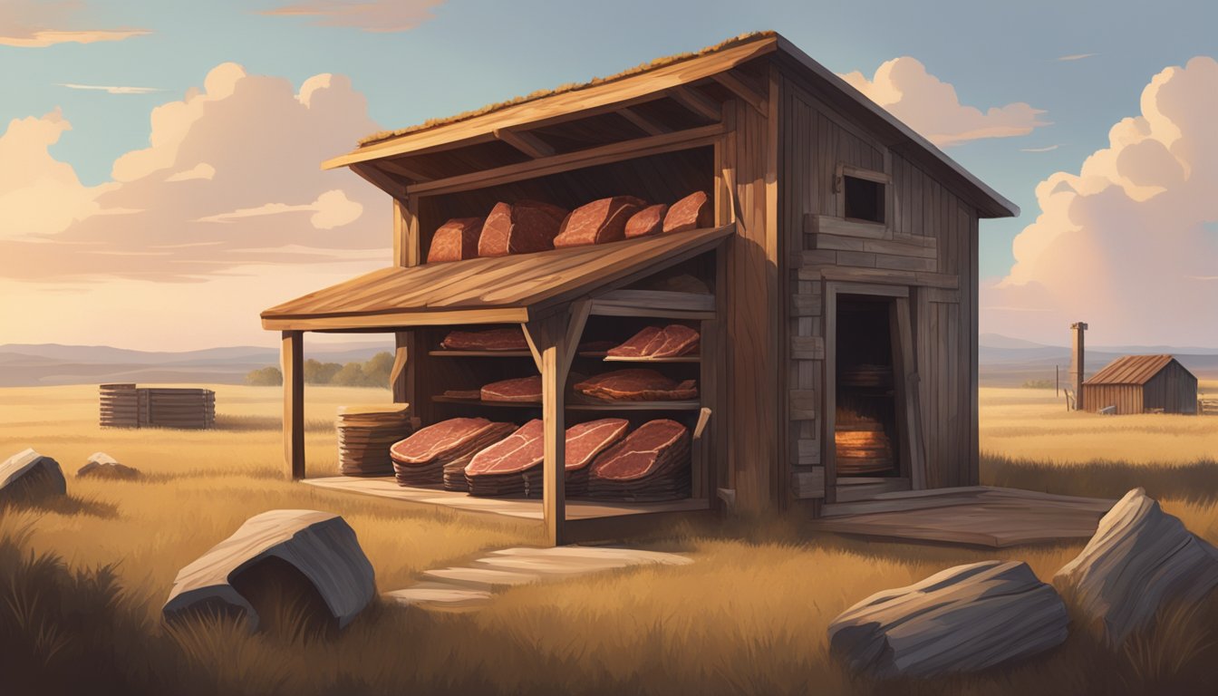 A rustic wooden smokehouse filled with hanging cuts of beef and shelves of curing meats, surrounded by the open plains of Texas