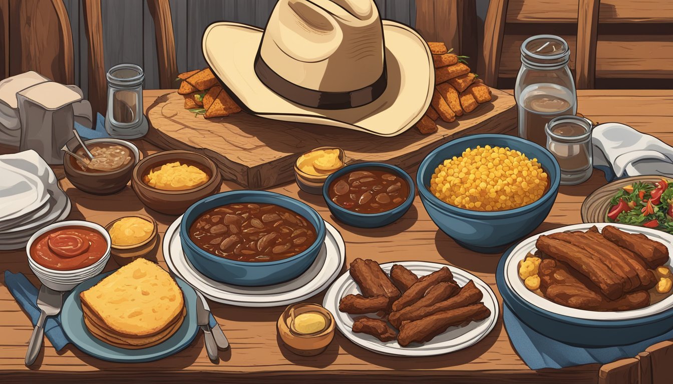 A rustic table set with a spread of hearty Texan dishes, including chili, cornbread, and barbecue ribs. A cowboy hat rests on a nearby chair