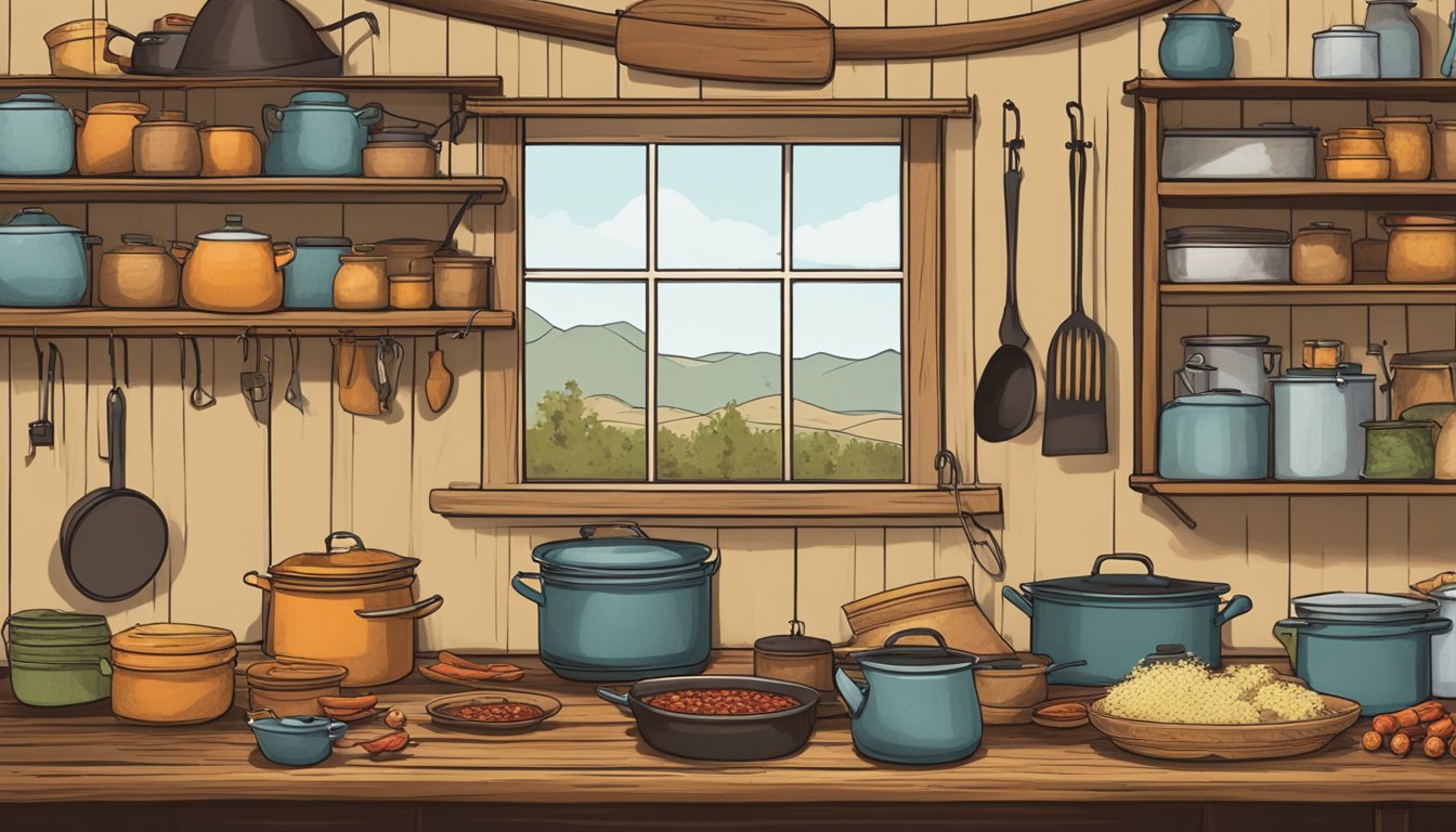 A rustic kitchen with cowboy hats hanging on hooks, a pot of chili simmering on the stove, and a wooden table covered in leftover containers and storage tips pinned to the wall