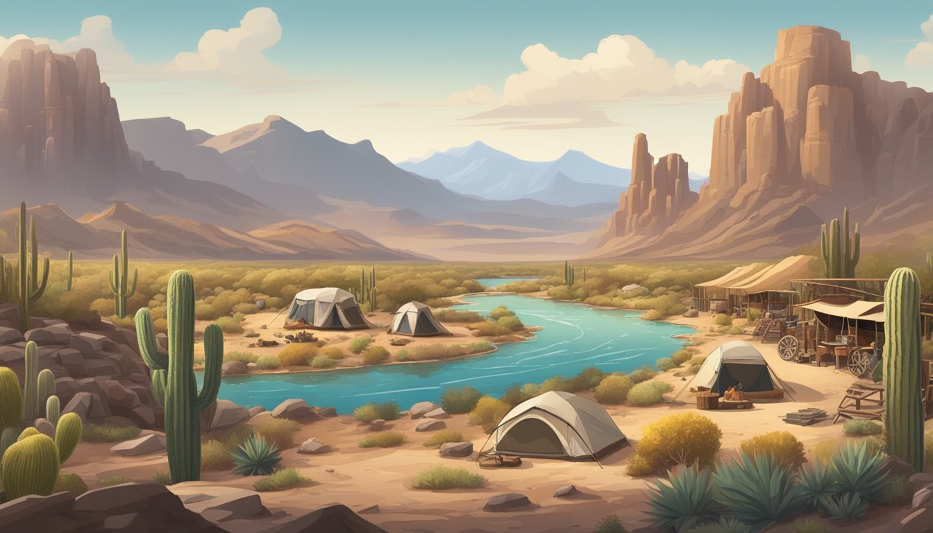 A sprawling western landscape with rugged mountains, cacti, and a winding river. A rustic cowboy campsite sits in the foreground