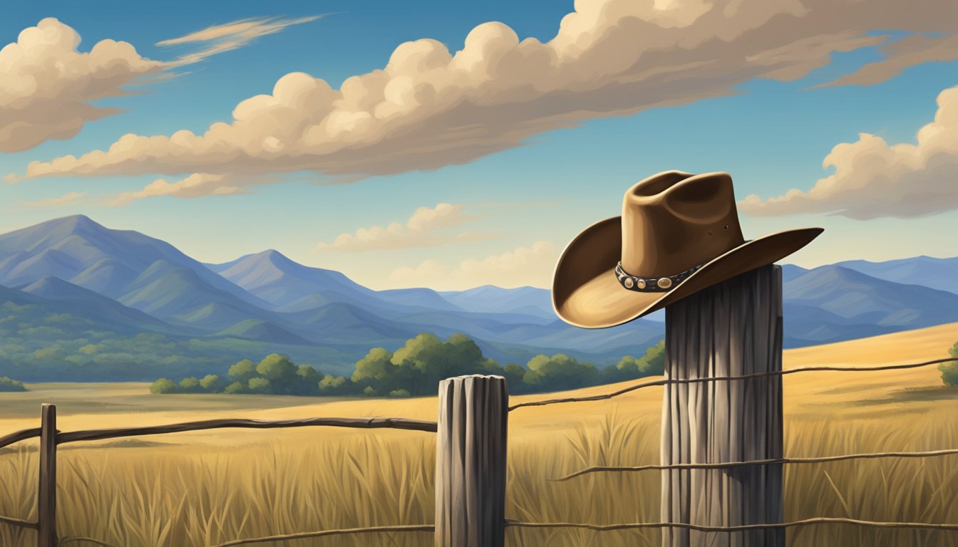 A lone cowboy hat rests on a weathered fence post against a backdrop of rolling Texas hills and a big sky