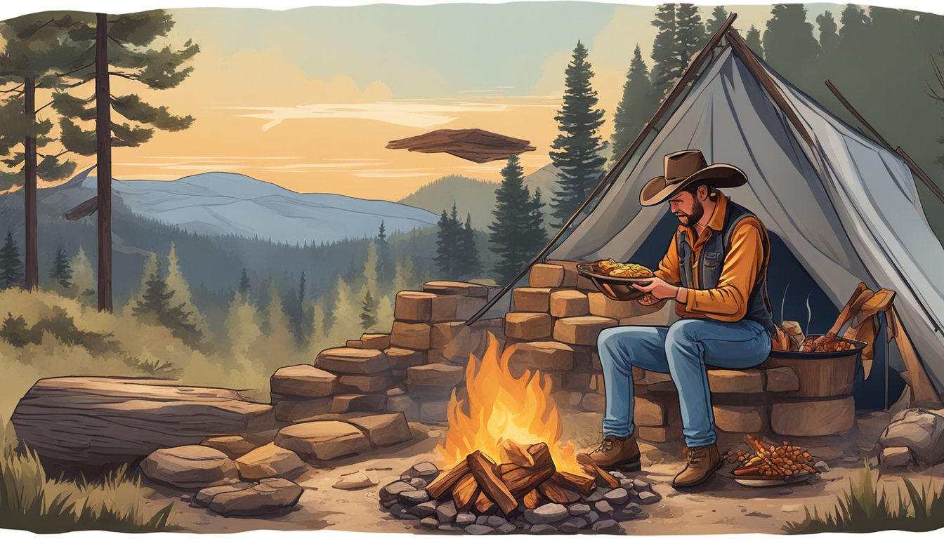 A cowboy seasoning a sizzling steak over a crackling campfire