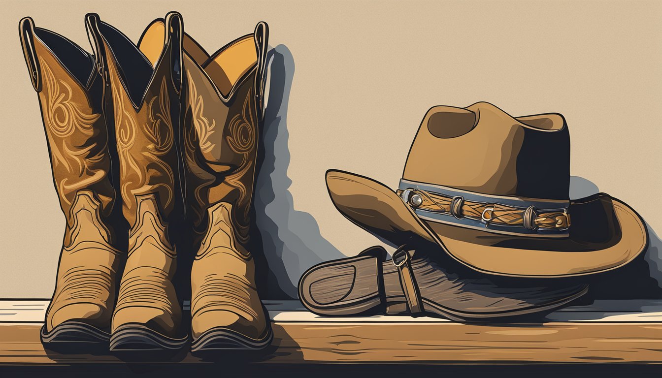 A cowboy hat hanging on a hook next to a pair of worn boots