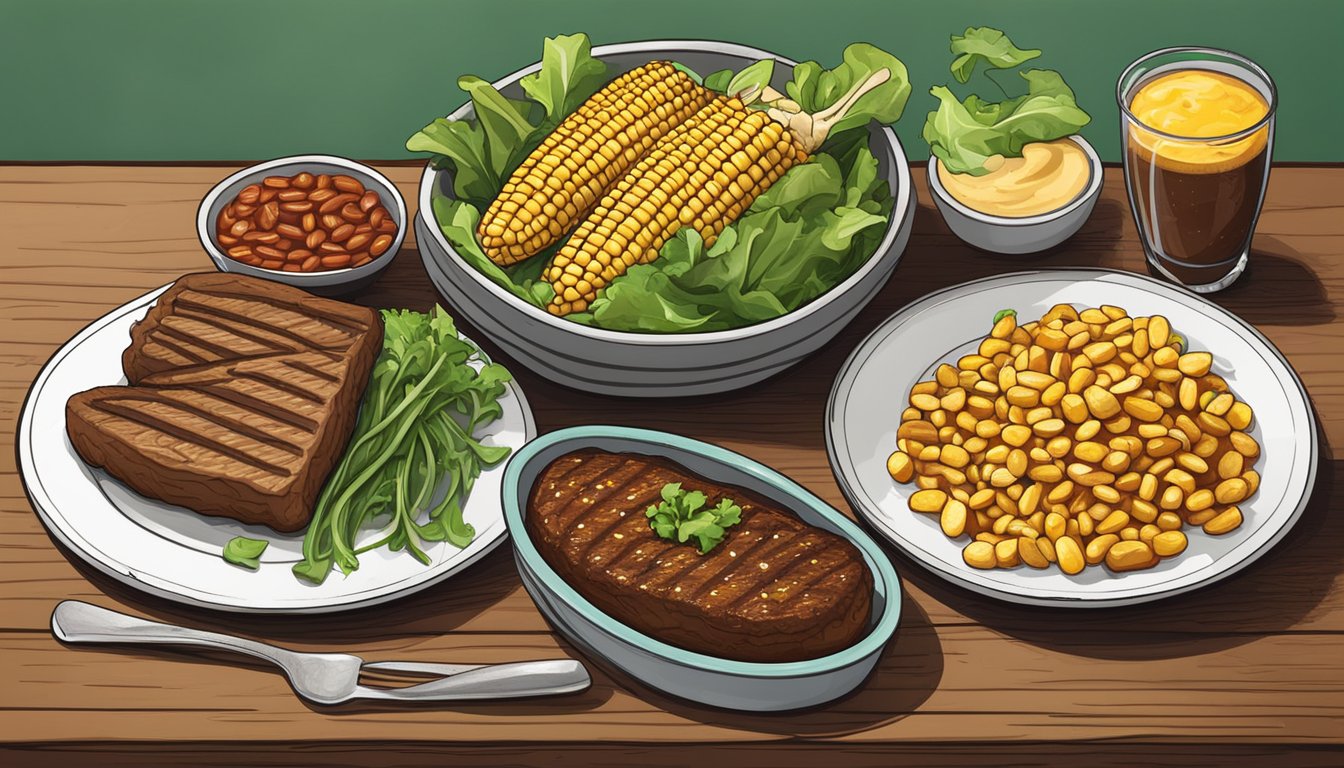 A rustic table set with grilled corn on the cob, baked beans, and a vibrant green salad next to a perfectly cooked steak