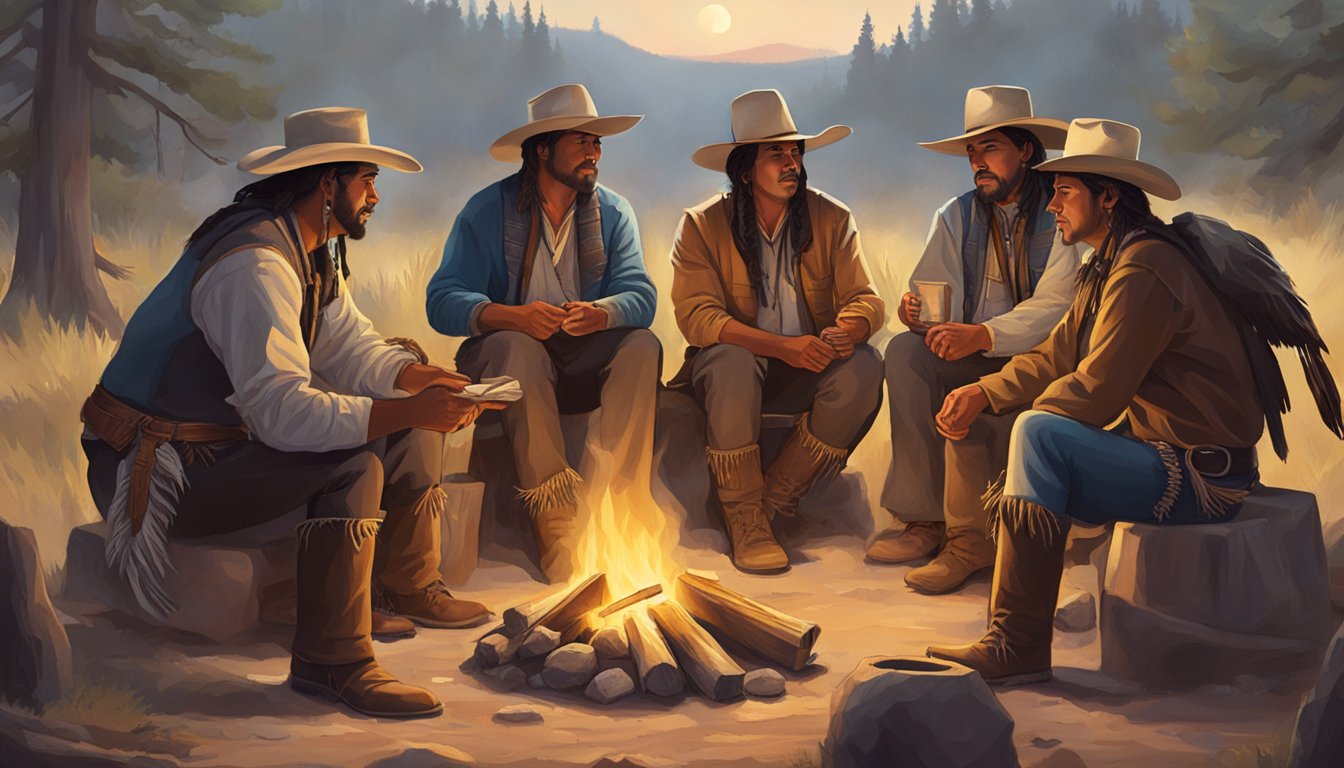 A group of Texas cowboys and Native American tribes exchanging goods and sharing stories around a campfire