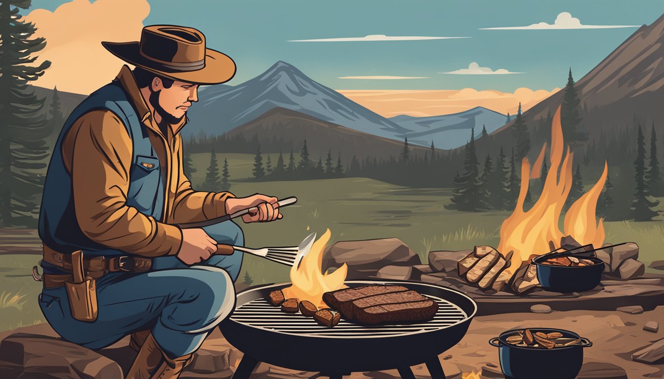 A cowboy grilling leftover steak over a campfire with a rustic skillet and utensils nearby