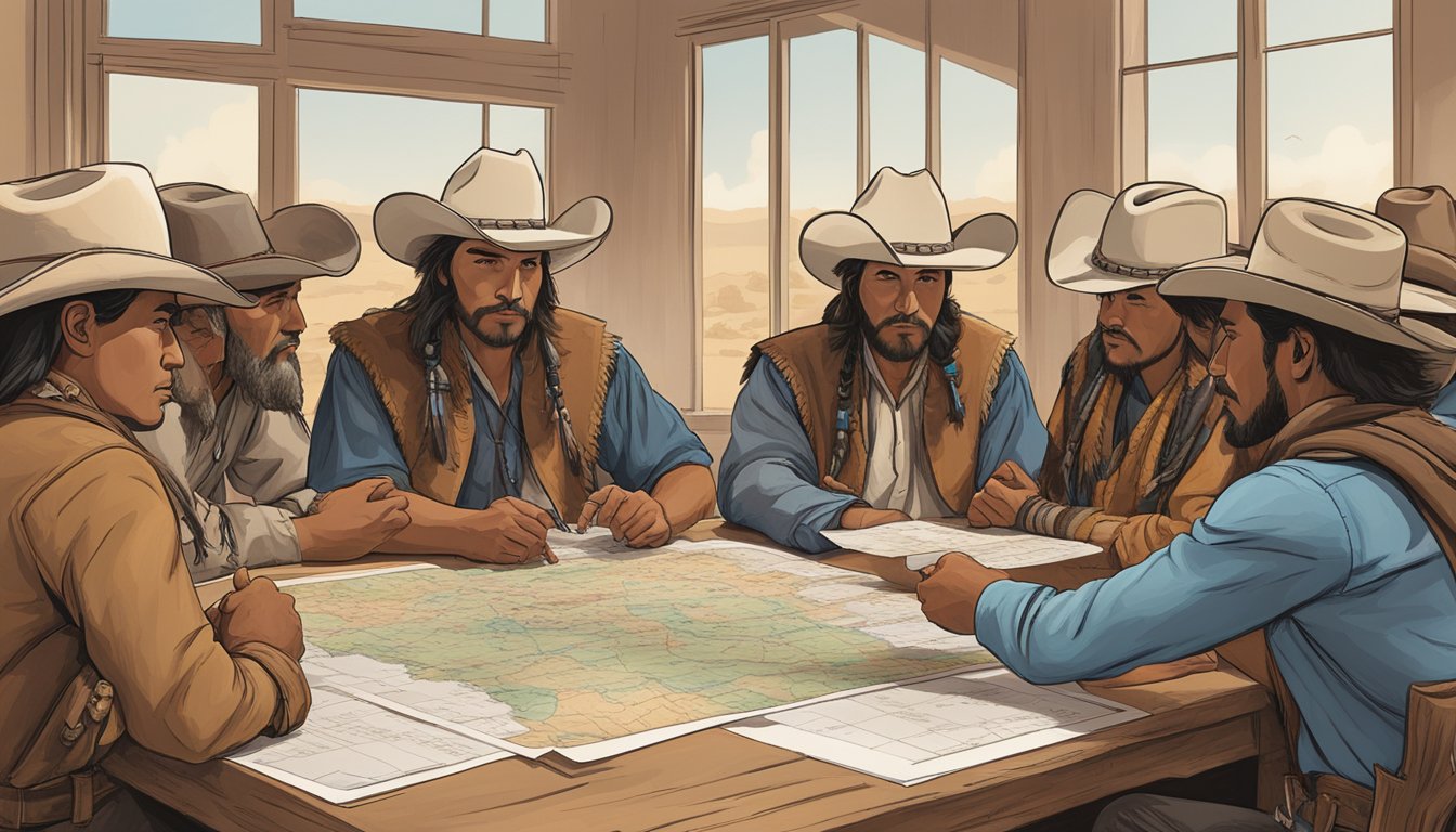 A group of Texas cowboys and Native American tribes meeting at a negotiation table, with a map of the land and legal documents spread out between them