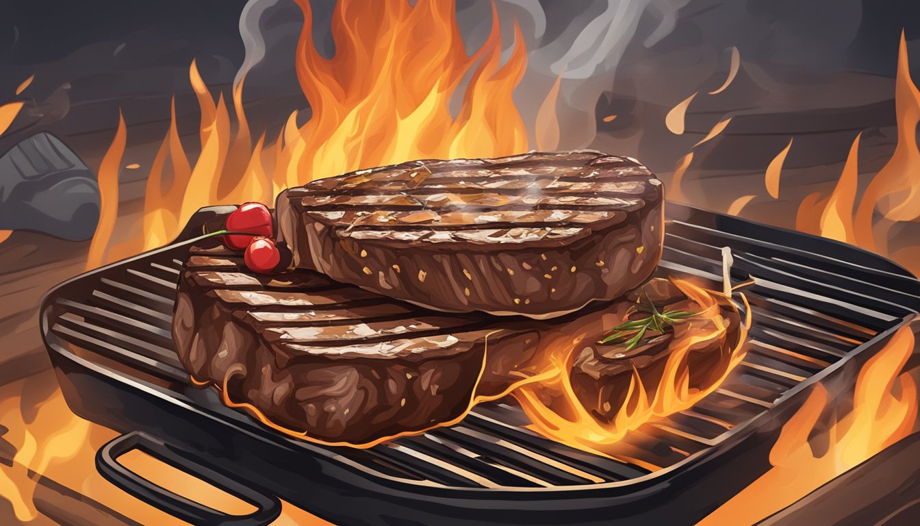 A sizzling steak on a hot grill, surrounded by smoke and flames, with a cowboy hat and boots nearby