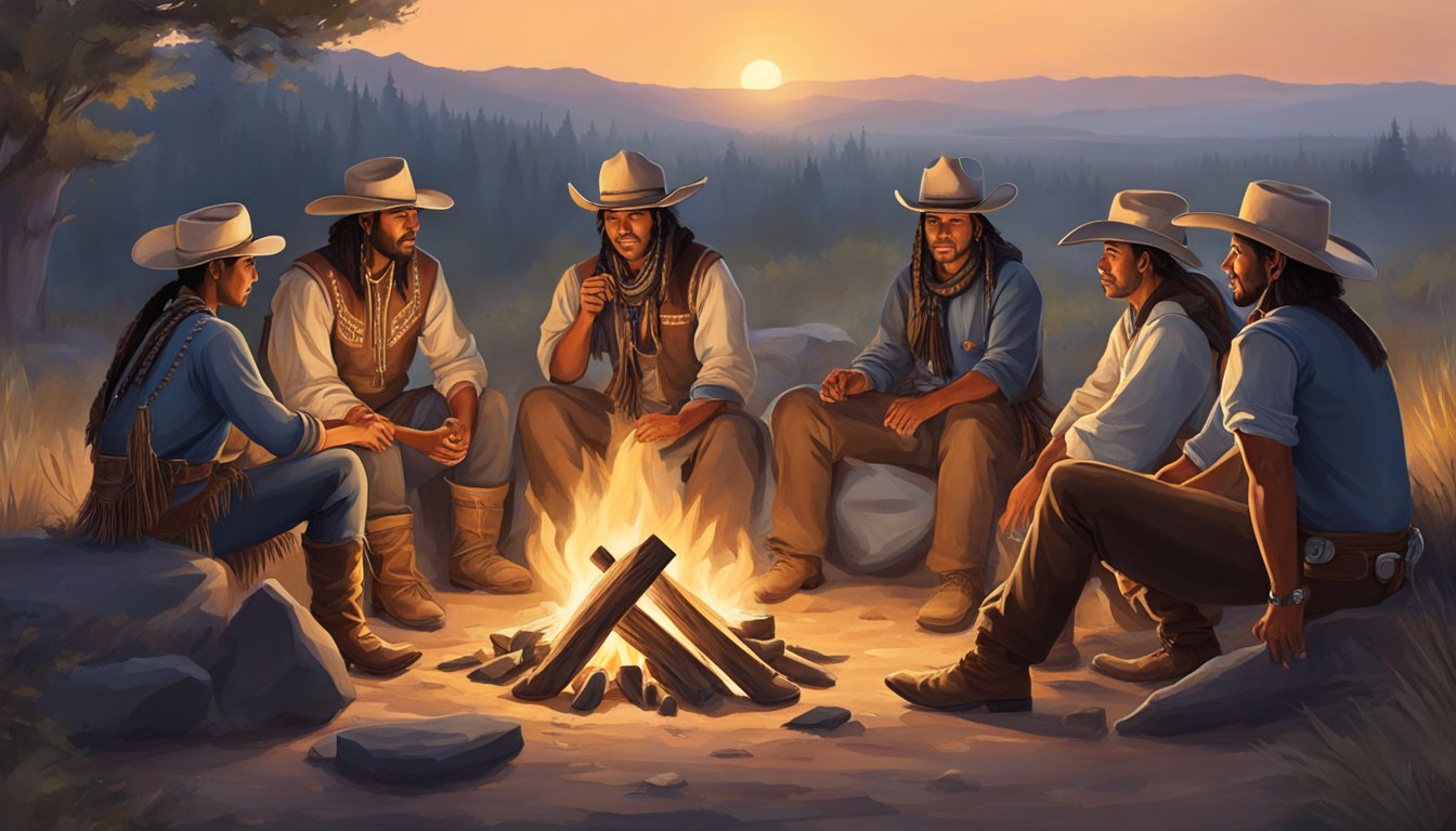 A group of Texas cowboys and Native American tribe members gather around a campfire, exchanging goods and sharing stories in a peaceful and respectful manner